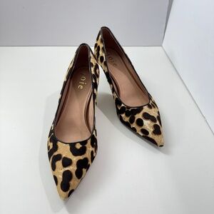 Joie Leopard Print Calf Hair Heels Women’s 9 Pointed Toe Real Fur Kitten Heels